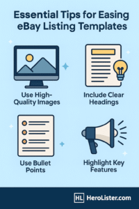 Three eBay template styles displayed on laptop screens – simple, gallery, and detailed layouts